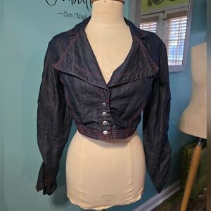 Chic Le Gatte Snap-Front Dark Blue Denim Crop Jacket